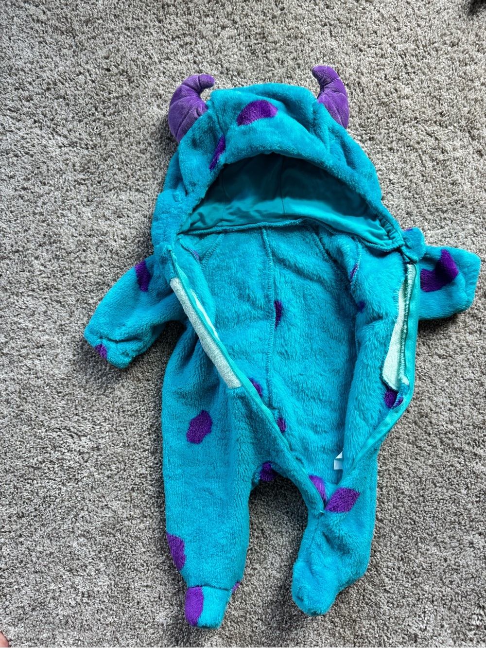 Baby Halloween Costume Sully Fleece Zip Up Bodysuit Monsters Inc Size 0-3 Months - Picture 7 of 13